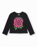 T-shirt noir à manches longues pour fille avec motif de fleur rose