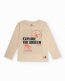 T-shirt beige à manches longues pour garçon avec motif technologique