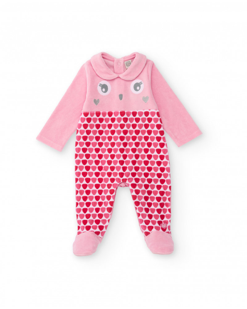 Grenouillère en velours rose pour fille avec motif de visage et cœurs