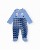 Barboteuse pour nouveau-né en bleu avec motif hibou et imprimé géométrique