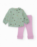 Ensemble pour nouveau-né: blouse verte et pantalon rose avec imprimé fleurs
