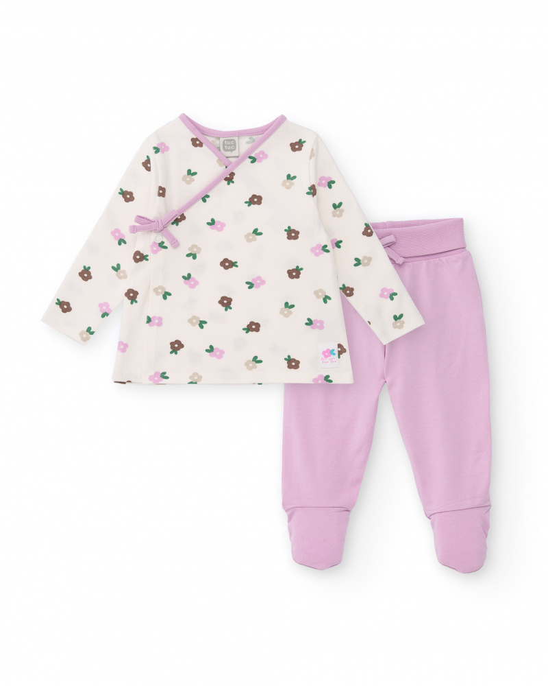 Ensemble t-shirt et pantalon à pieds pour nouveau-né dans les tons crème et lilas avec imprimé