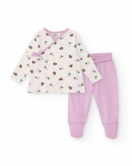 Ensemble t-shirt et pantalon à pieds pour nouveau-né dans les tons crème et lilas avec imprimé