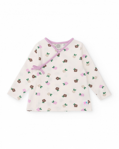 Ensemble t-shirt et pantalon à pieds pour nouveau-né dans les tons crème et lilas avec imprimé