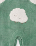 Barboteuse verte pour nouveau-né avec broderie petits moutons.