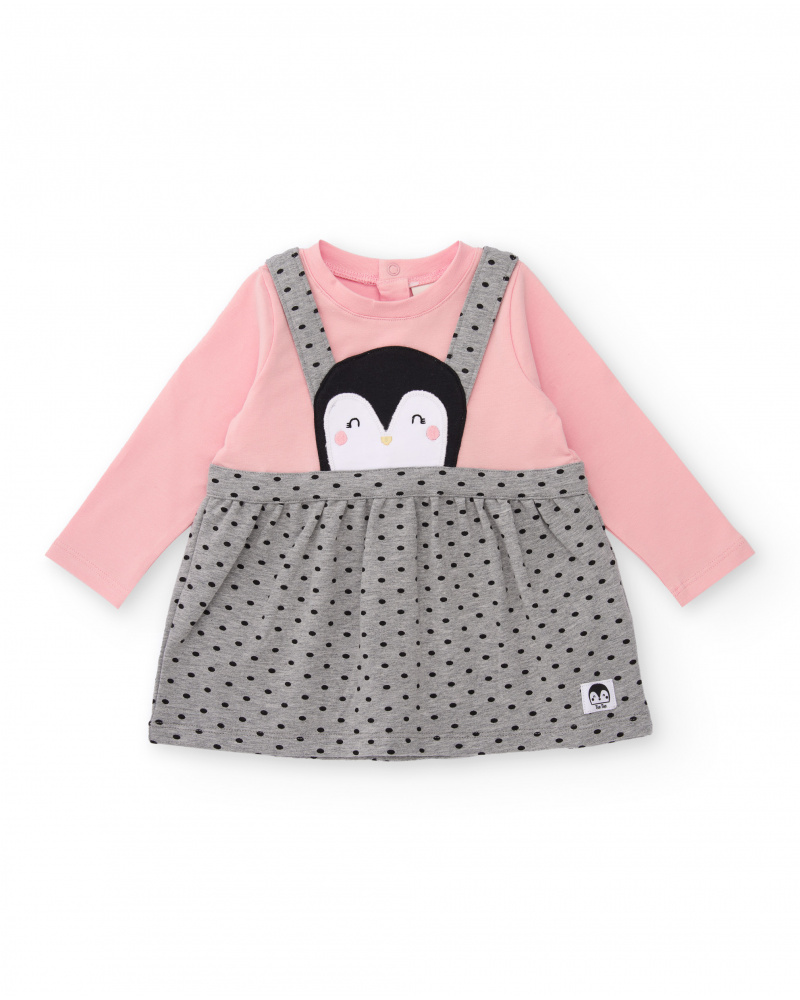 Robe pour nouveau-né en rose et gris avec bretelles à pois et détail pingouin