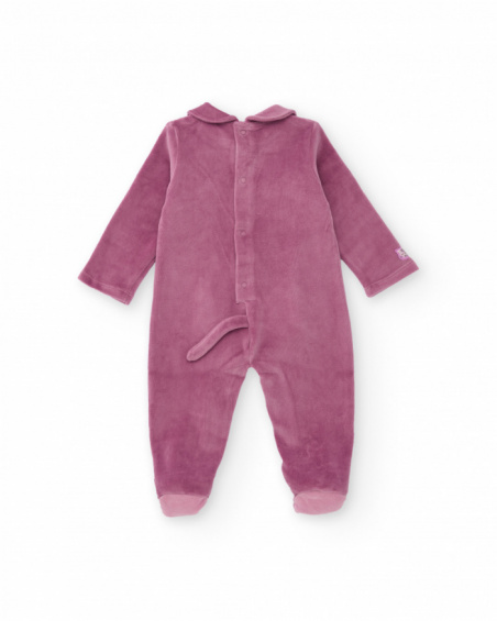 Barboteuse molletonnée pour nouveau-né couleur violette avec motif visage de chat.