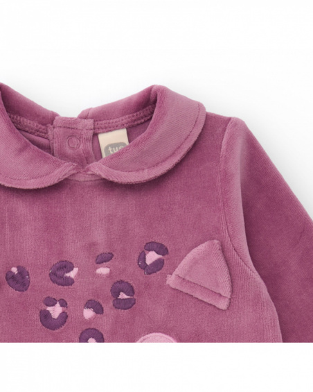 Barboteuse molletonnée pour nouveau-né couleur violette avec motif visage de chat.