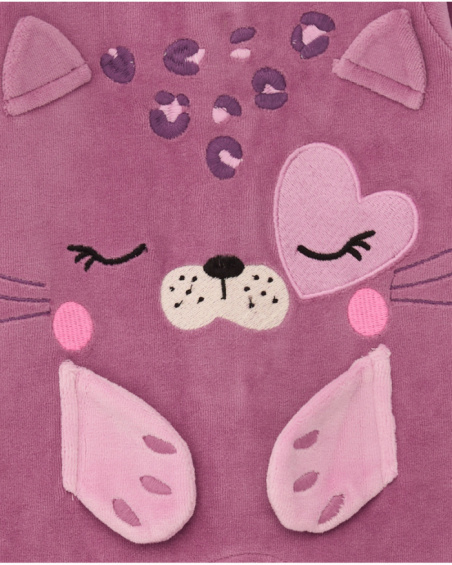 Barboteuse molletonnée pour nouveau-né couleur violette avec motif visage de chat.