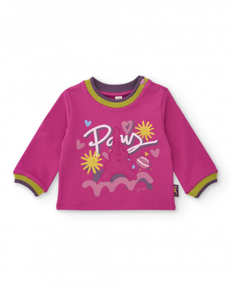 Sweat en tricot pour fille couleur fuchsia avec imprimé Tour Eiffel.