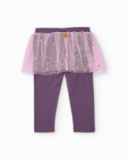 Leggings pour fille couleur violet avec jupe en tulle rose et détails d’étoiles.