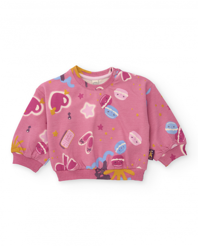 Conjunto para niña de sudadera estampada y pantalón rosa.
