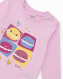 Pyjama en tricot pour fille couleur rose avec imprimé de macarons. Pyjama en tricot pour fille couleur rose avec imprimé de macarons.