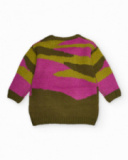 Pull en tricot pour fille couleur vert olive et fuchsia avec broderies florales.