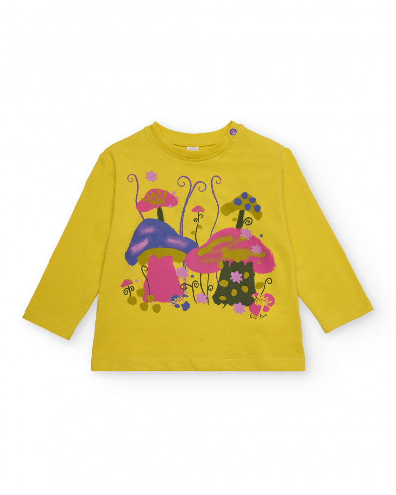 T-shirt à manches longues pour fille couleur jaune avec imprimé de champignons.