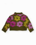 Cardigan en tricot pour fille couleur verte avec imprimé de fleurs roses et jaunes.