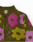 Cardigan en tricot pour fille couleur verte avec imprimé de fleurs roses et jaunes.