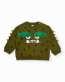 Sweat-shirt pour garçon de couleur verte avec imprimé de monstre et détails en relief.