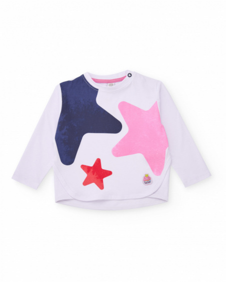 T-shirt blanche à manches longues pour fille avec imprimé d’étoiles colorées.