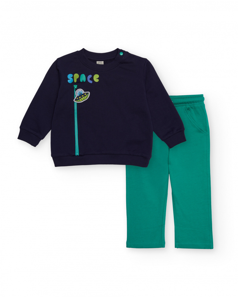 Ensemble sweat et pantalon pour garçon bleu marine et vert avec imprimé spatial.