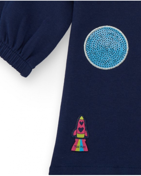 Robe pour fille en bleu marine avec col roulé rose et cercles colorés Robe pour fille en bleu marine avec col roulé rose et cercles colorés