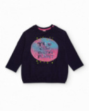 Blouse à manches longues pour fille bleu marine avec imprimé de planète et phrase brillante.