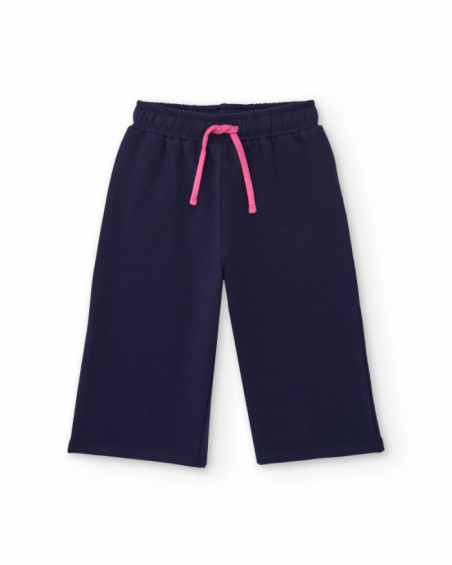 Pantalon en maille bleu marine pour fille avec cordon de serrage rose.