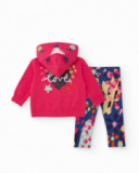 Ensemble fille avec sweat rose et leggings imprimés multicolores.