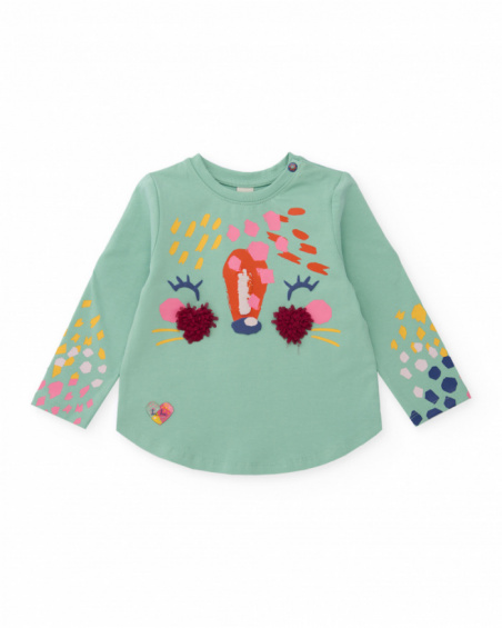 T-shirt à manches longues fille vert menthe avec motif visage d’animal.