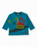 T-shirt à manches longues pour garçon en bleu pétrole avec imprimé de pelleteuse