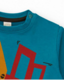 T-shirt à manches longues pour garçon en bleu pétrole avec imprimé de pelleteuse