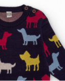 Pull en maille pour garçon bleu marine avec silhouettes colorées de chiens
