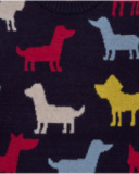 Pull en maille pour garçon bleu marine avec silhouettes colorées de chiens