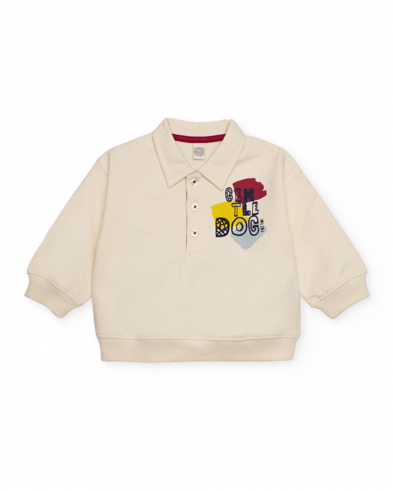Sweat polo pour garçon écru avec broderies colorées