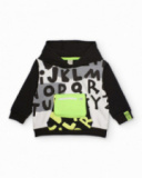 Sweat à capuche pour garçon en blanc et noir avec lettres imprimées et poche verte Sweat à capuche pour garçon en blanc et noir avec lettres imprimées et poche verte