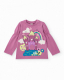 T-shirt manches longues pour fille rose avec château et arc-en-ciel