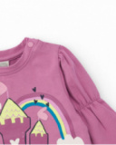T-shirt manches longues pour fille rose avec château et arc-en-ciel