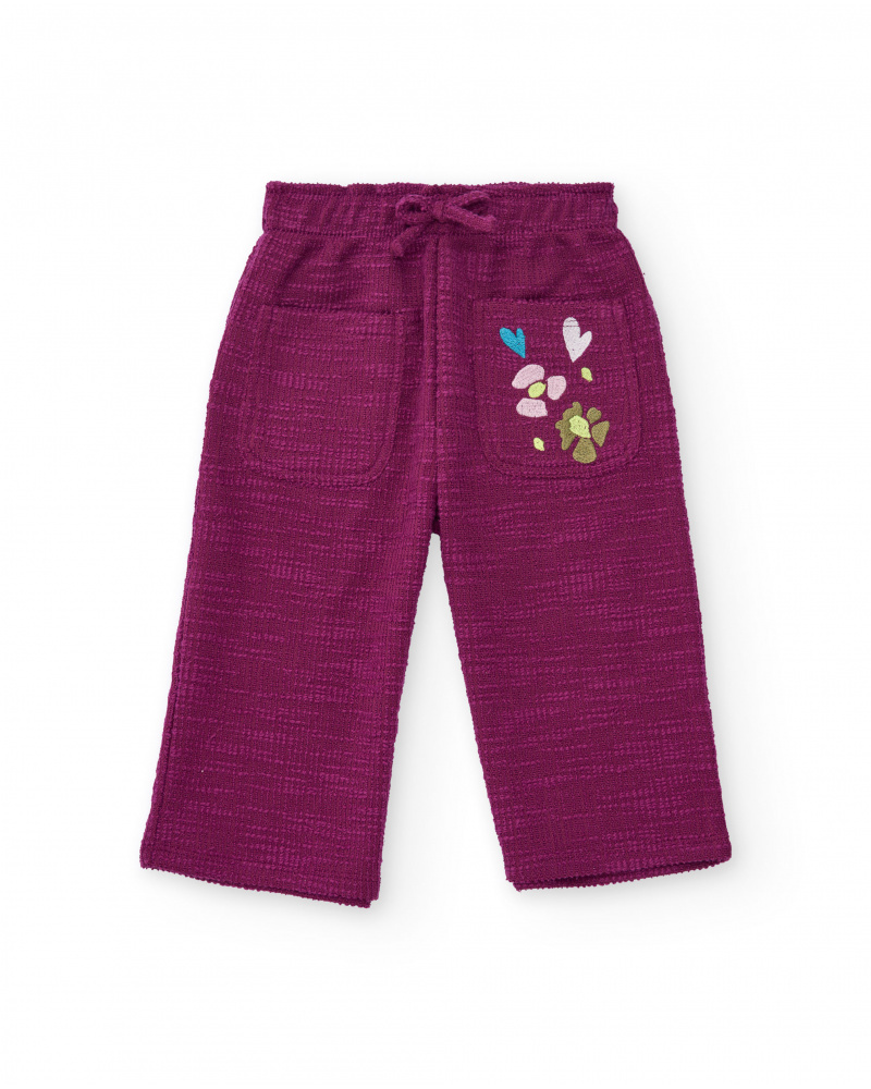 Pantalón ancho de felpa para niña en burdeos con bordado de