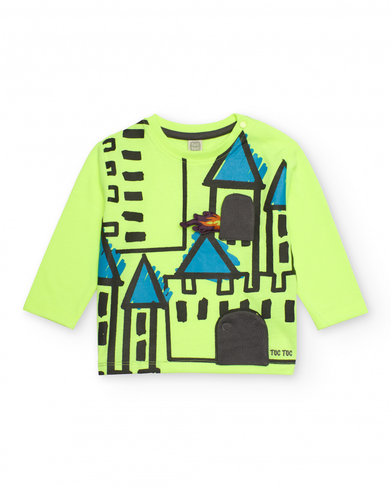 T-shirt à manches longues pour garçon en vert fluo avec imprimé château