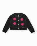 Gilet noir en maille pour fille avec fleurs fuchsia