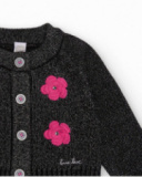 Gilet noir en maille pour fille avec fleurs fuchsia