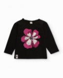 T-shirt noir pour fille avec fleur fuchsia et sequins