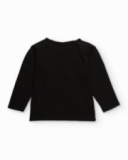 T-shirt noir pour fille avec fleur fuchsia et sequins