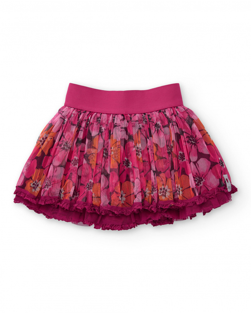 Jupe pour fille en tulle plissé fuchsia avec imprimé floral.