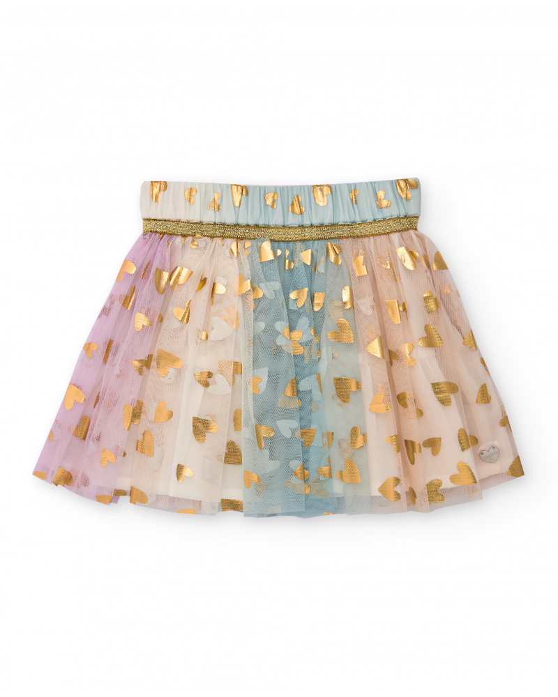 Jupe en tulle rose pour fille avec imprimé de cœurs dorés