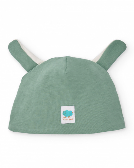 Bonnet en coton pour nouveau-né dans les tons vert et blanc avec motif visage souriant.
