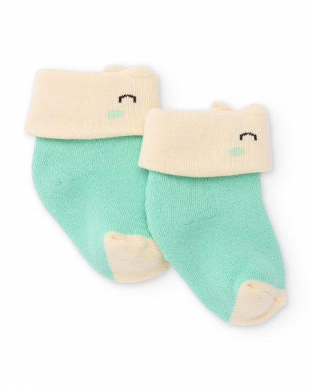 Chaussettes pour bébé garçon en vert et crème avec motif de visage souriant