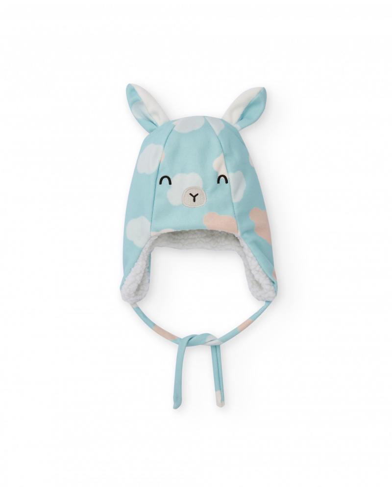 Bonnet pour nouveau-né de couleur bleu ciel avec petites oreilles et imprimé nuages