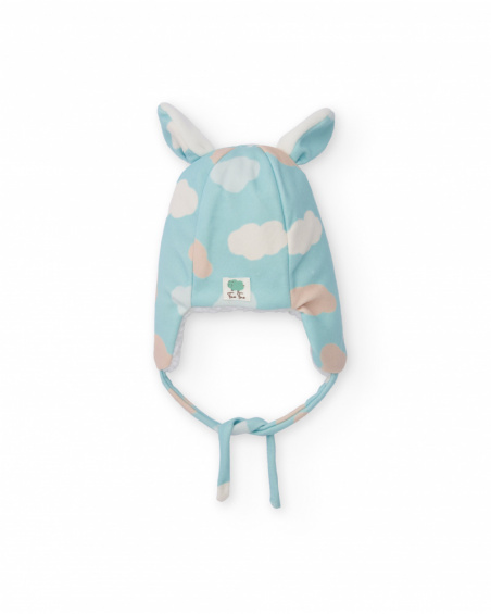 Bonnet pour nouveau-né de couleur bleu ciel avec petites oreilles et imprimé nuages