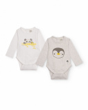 Lot de deux bodys en tricot pour nouveau-né en couleur blanc et gris avec imprimé pingouin et panda.